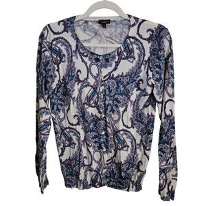 Talbots Silk Blend Purple Teal Paisley Classic Crewneck Cardigan Sweater Size M